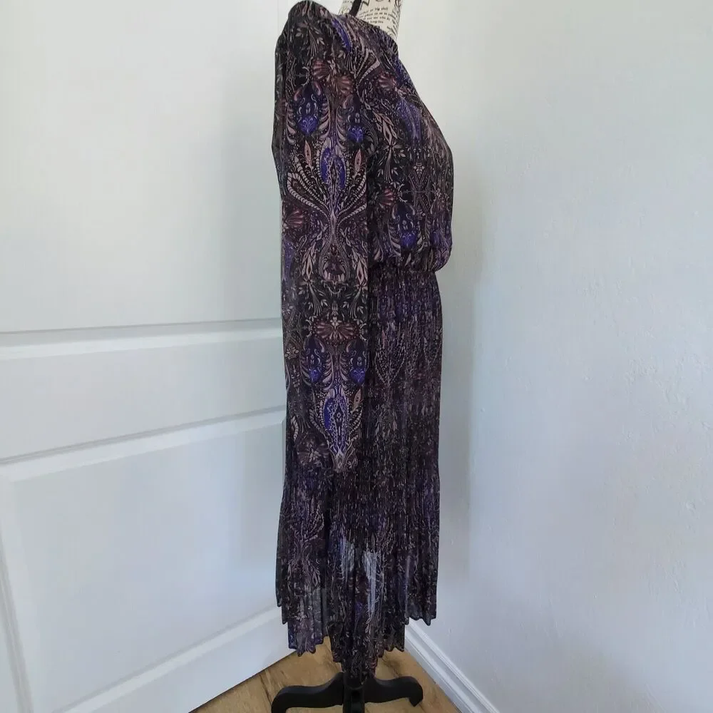 VERO MODA Midi Floral Pleated Long Sleeve Size Medium Sheer Flirty Lined Violet - Picture 2 of 16
